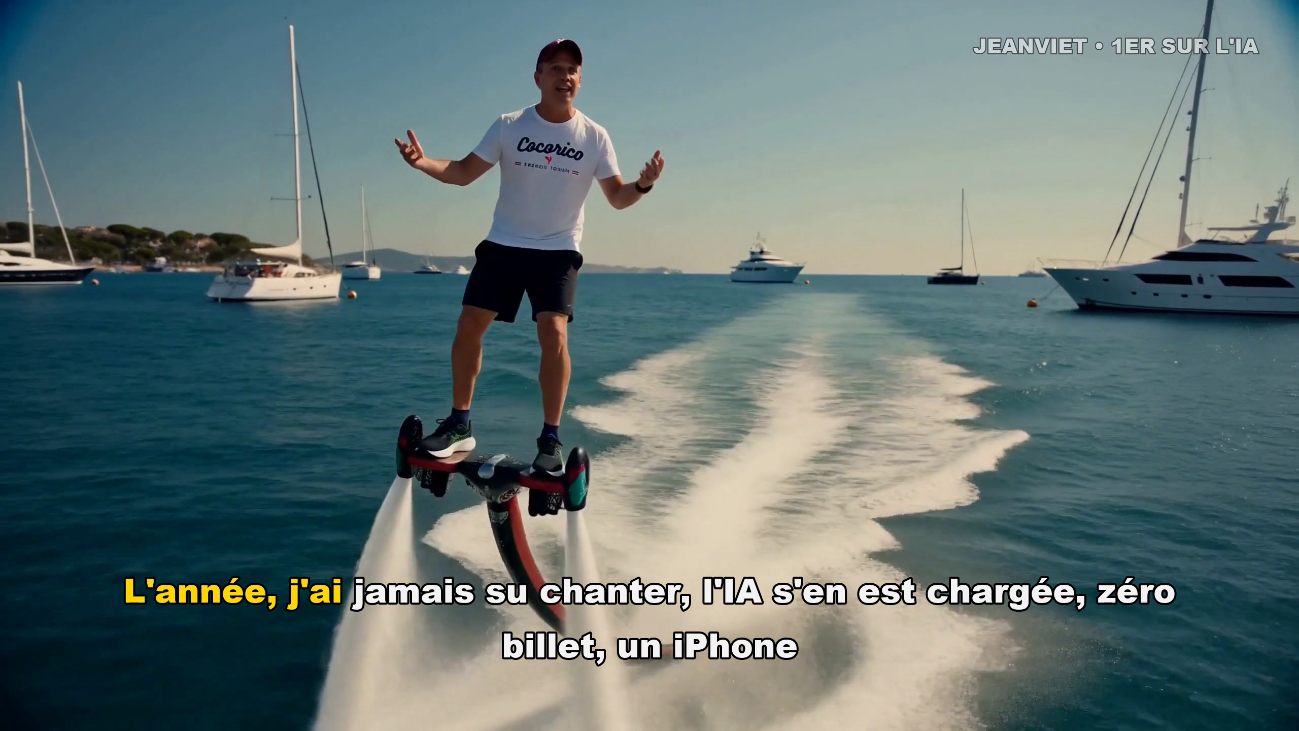 Jeanviet en flyboard au-dessus de la baie de Cannes, généré par MiniMax H3
