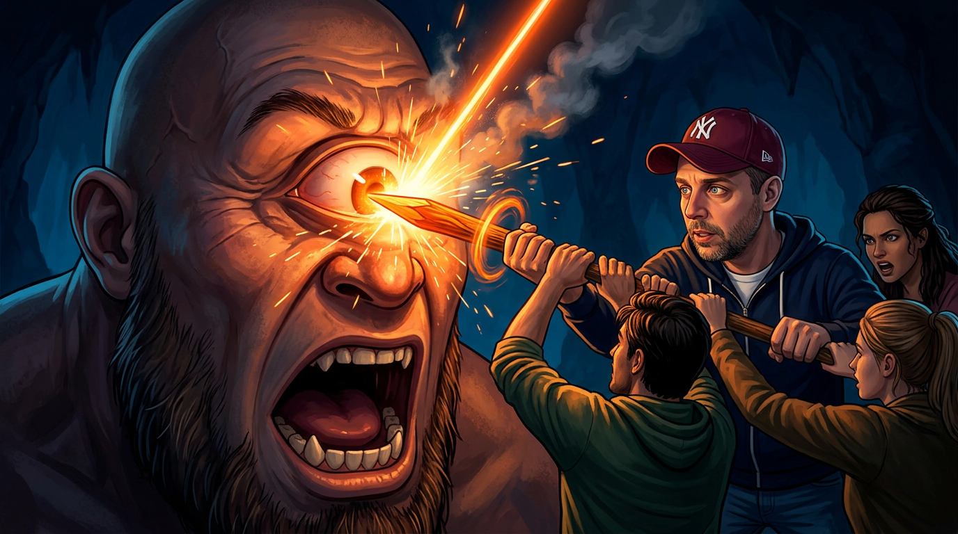 Jeanviet blinds the Cyclops eye with the stake