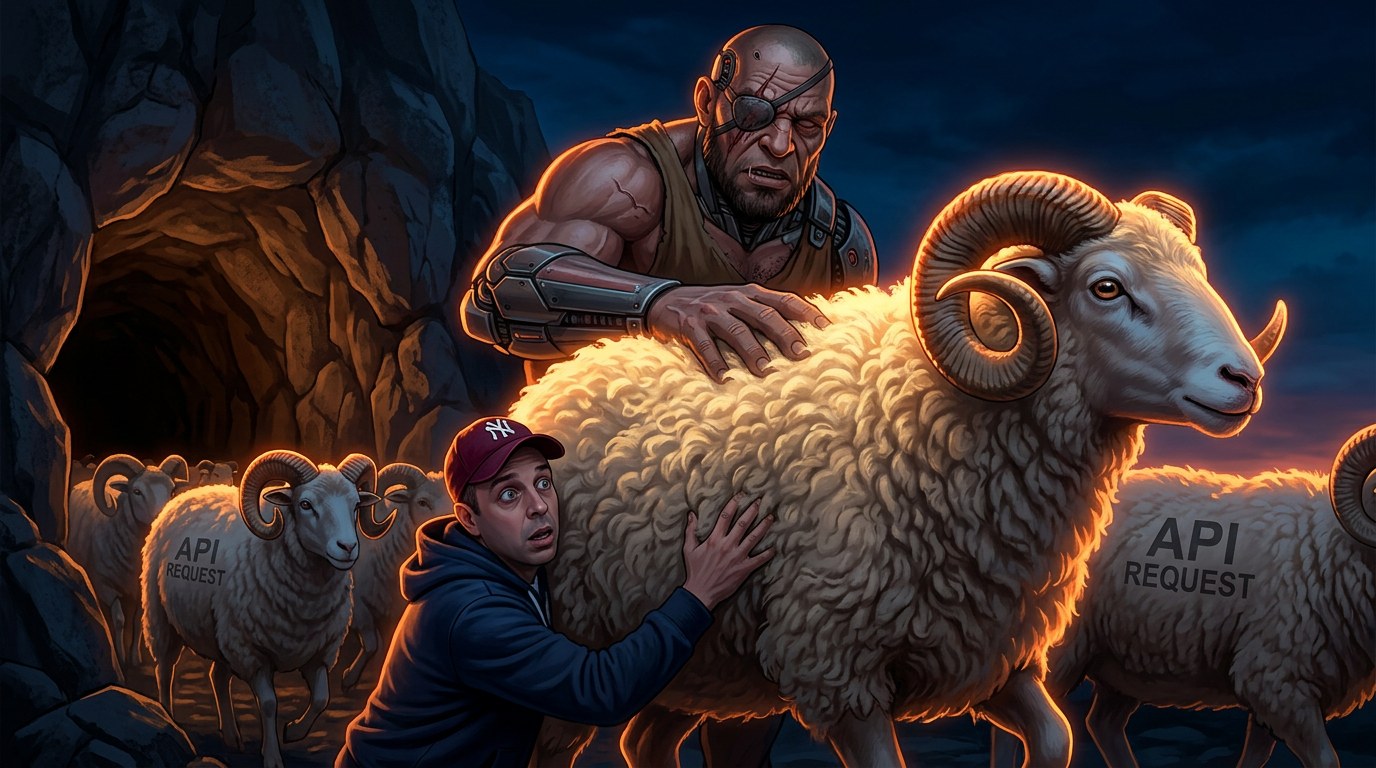 Jeanviet hides under the giant ram escaping the blinded Cyclops