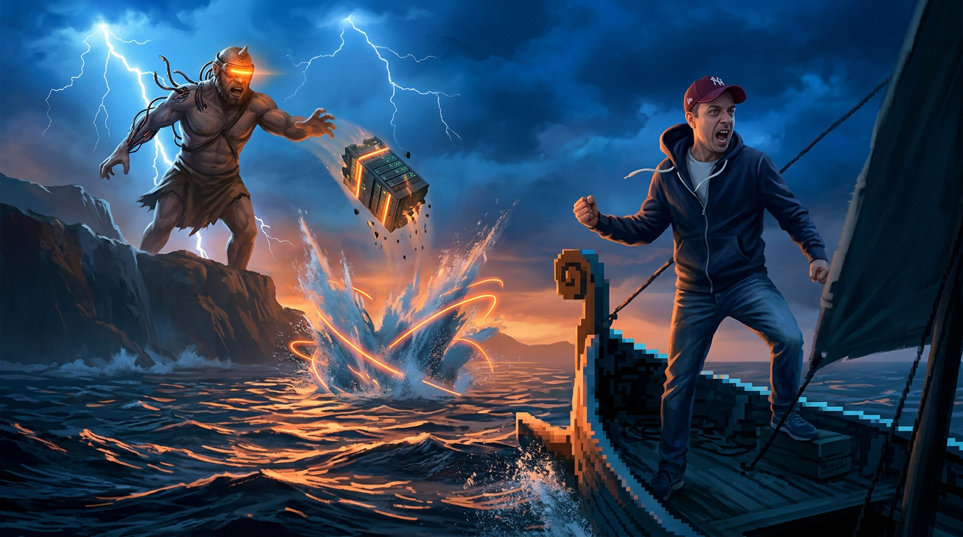 Jeanviet triumphant on the ship while the Cyclops hurls a server chunk